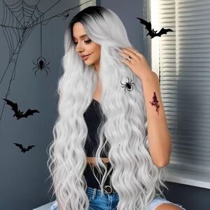 Long Silver Wavy Wig 30" • Dark Roots • Middle Part • Synthetic Water Wave • New